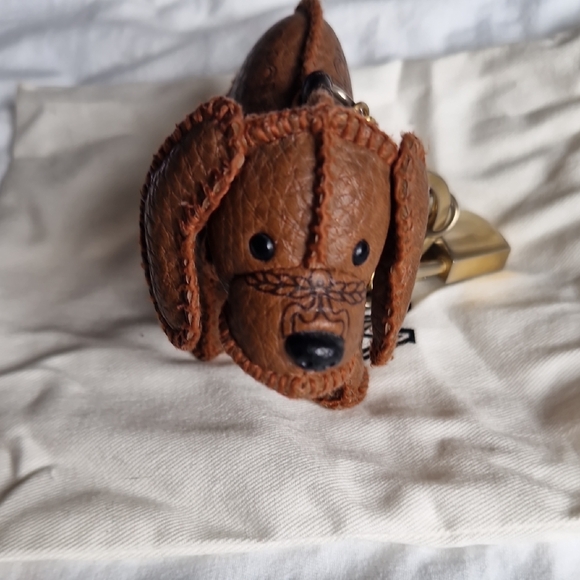 MCM Tan Leather Dog Keychain with Gold Accents - Picture 4 of 8